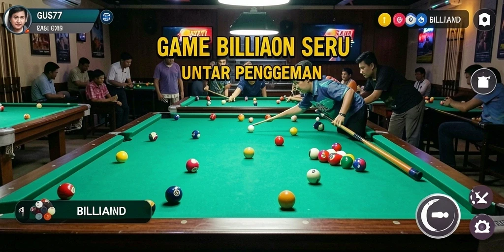 Tampilan antarmuka permainan billiard GUS77 yang menarik dan interaktif.