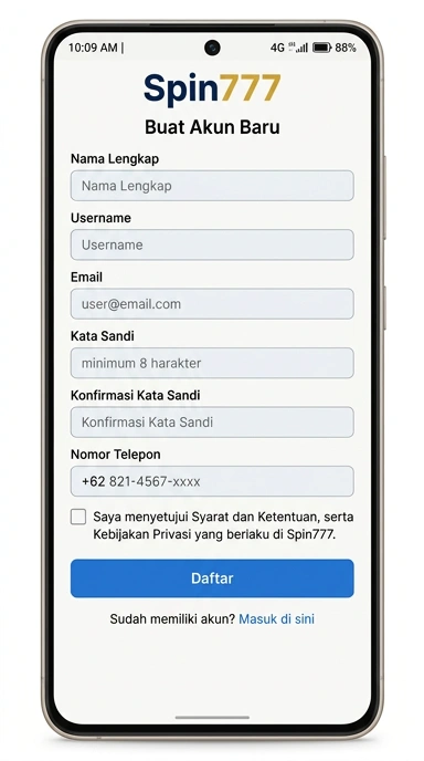 Tampilan halaman daftar spin777